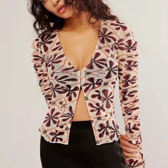 Free People Through The Meadow Blouse Top Ruched Floral Printed Cotton L 271469 - Picture 1 of 9